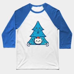 Meowy Catmas - Cute Cat In A Blue Christmas Tree Baseball T-Shirt